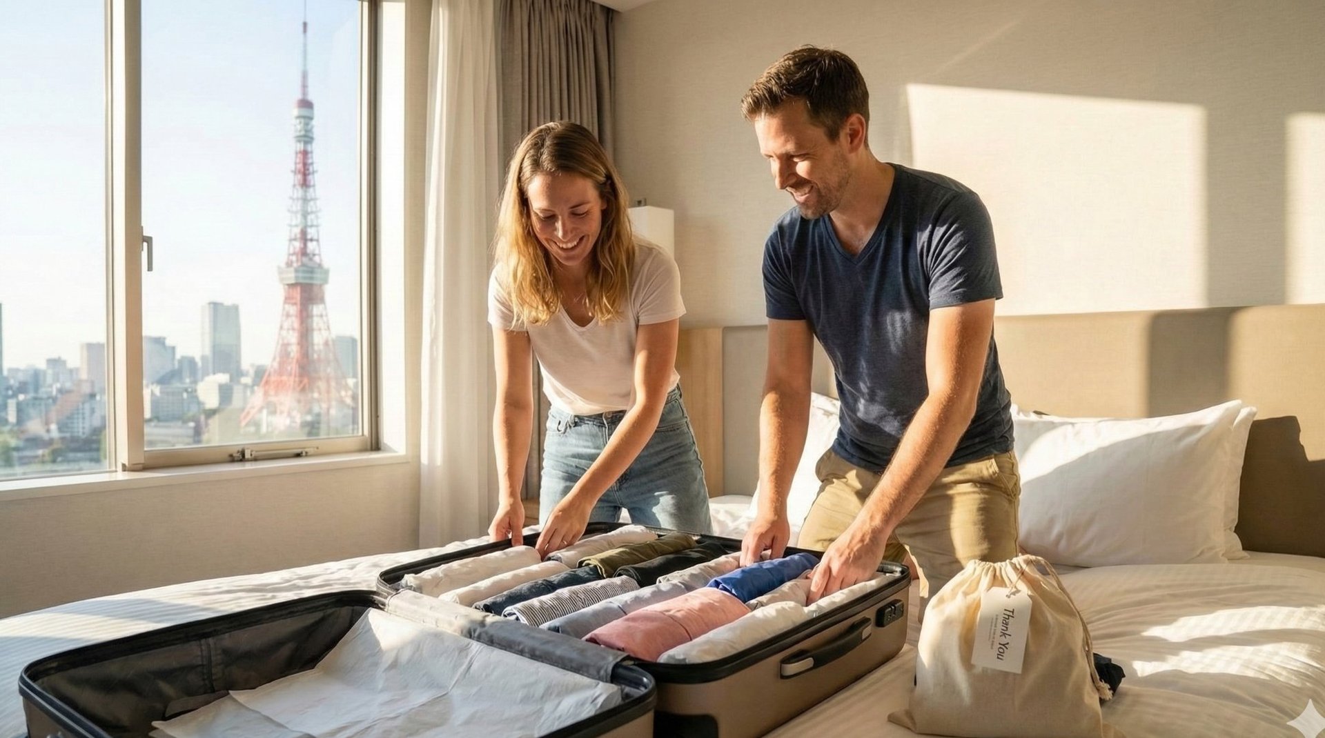Couple packing clean folded clothes into suitcase at Tokyo hotel with Tokyo Tower view — Laundry Express Japan